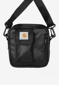 Borsa a tracolla nera in nylon con strap regolabile, dotata di un taschino con pattina anteriore e un compartimento con zip, rifinita con un patch del logo.