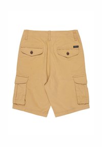 Beiga cargo-shorts med flat front, två bakfickor med knappar och två sidofickor; tillverkade av slitstarkt tyg med en slät yta.