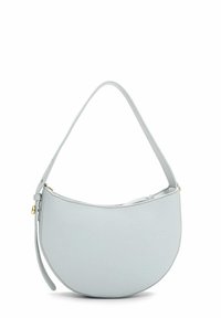 Jasnoszara skórzana torebka o zaokrąglonym kształcie, wyposażona w pojedynczy pasek na ramię, zapięcie na zamek oraz subtelna ziarnista faktura. Elementy ozdobne w złotym kolorze.