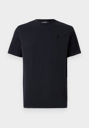 Black short-sleeve t-shirt made of smooth cotton, featuring a crew neck and a detailed tonal logo on the chest.