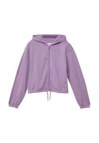 Lila verkürzter Hoodie mit Reißverschluss, Kordelzugsaum und elastischen Bündchen. Hergestellt aus weichem Stoff, mit lockerer Passform und Kapuze.