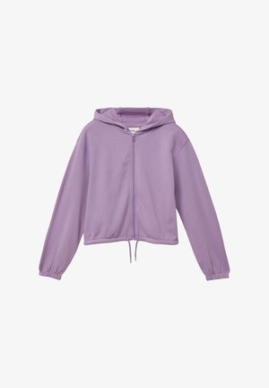Lila verkürzter Hoodie mit Reißverschluss, Kordelzugsaum und elastischen Bündchen. Hergestellt aus weichem Stoff, mit lockerer Passform und Kapuze.
