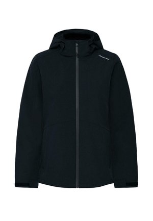 Veste d'extérieur noire à capuche avec fermeture éclair à l'avant, poignets réglables, et petit logo "North Bend" sur l'épaule droite.