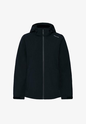 Veste d'extérieur noire à capuche avec fermeture éclair à l'avant, poignets réglables, et petit logo "North Bend" sur l'épaule droite.