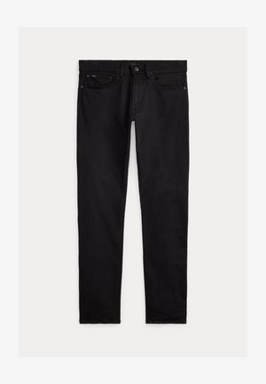 Schwarze Slim-Fit-Jeans mit vorne und hinten Taschen, Knopfverschluss und Gürtelschlaufen, flach auf hellem Hintergrund ausgebreitet.