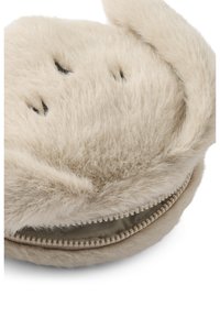 Beige soft plush pouch with a zipper partially open, revealing fabric lining inside.