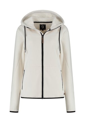 Witte rits-hoodie met zwarte rits, zwarte trekkoorden, zijzakken en een fleece voering in de capuchon.