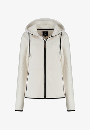 Witte rits-hoodie met zwarte rits, zwarte trekkoorden, zijzakken en een fleece voering in de capuchon.