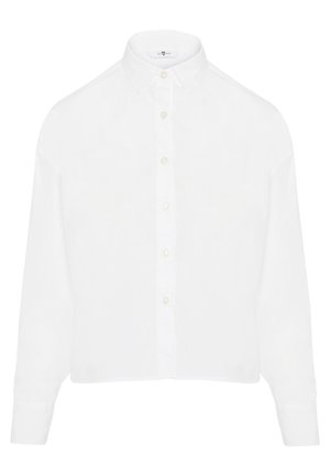 Gekürztes weißes Hemd mit klassischem Kragen, langen Ärmeln, Knopfverschluss vorne und glattem, leichtem Stoff.