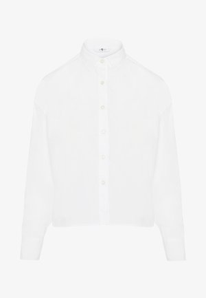 Chemise blanche coupée avec un col classique, des manches longues, un bouton sur le devant et un tissu lisse et léger.