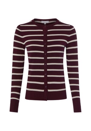 Damen-Cardigan mit Knöpfen und langen Ärmeln in dunkelburgunder und hellbeigen horizontalen Streifen, rundem Ausschnitt sowie gerippten Bündchen und Saum.