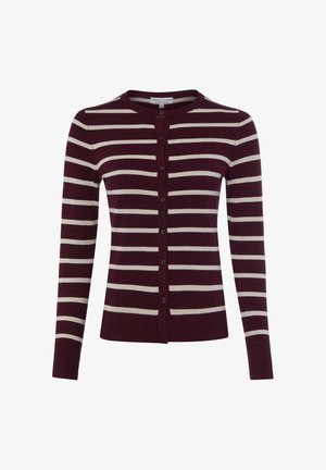 Damen-Cardigan mit Knöpfen und langen Ärmeln in dunkelburgunder und hellbeigen horizontalen Streifen, rundem Ausschnitt sowie gerippten Bündchen und Saum.