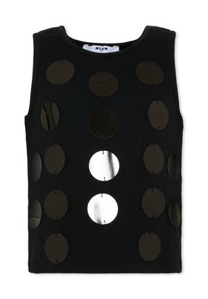 Top nero senza maniche con grandi paillettes circolari nere e argento lucide disposte in file verticali sulla parte anteriore.