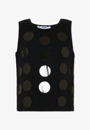 Haut noir sans manches avec de grands sequins circulaires noirs et argentés brillants disposés en rangées verticales à l'avant.