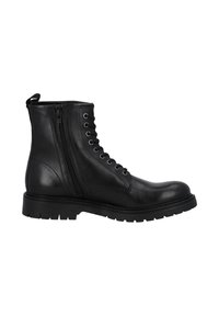 Bottines en cuir noir avec un bout rond, un laçage à l'avant et une fermeture éclair sur le côté. Semelle en caoutchouc texturé pour une bonne adhérence et durabilité.