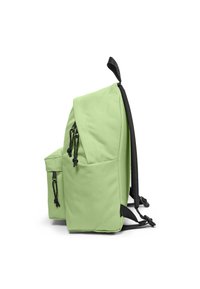 Mochila de tela verde con forma estructurada, que cuenta con un bolsillo lateral y correas ajustables negras. Incluye acentos de cordón negro.