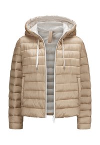 Beige gesteppte Daunenjacke mit Kapuze, wattiertem Design, durchgehendem Reißverschluss vorne und kontrastierendem weißen Innenfutter. Mit Kordelzügen und Seitentaschen ausgestattet.