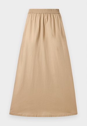 Beżowa spódnica maxi uszyta z lekkiego materiału, z elastycznym paskiem i gładką fakturą, o prostym, zwiewnym kroju.