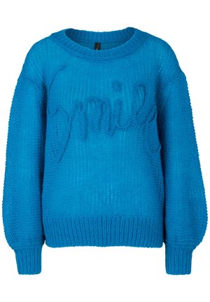 Pull tricoté bleu vif avec des manches longues bouffantes et le mot « smile » tricoté en écriture texturée sur la poitrine.