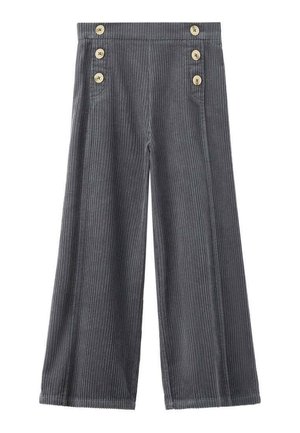 Pantalons large en velours côtelé gris avec une texture ribbed, comportant quatre boutons décoratifs sur le devant et une coupe décontractée.