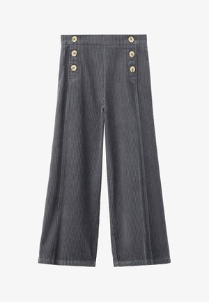 Grijze corduroy wijde broek met een ribbeltextuur, voorzien van vier decoratieve knopen aan de voorkant en een ontspannen pasvorm.
