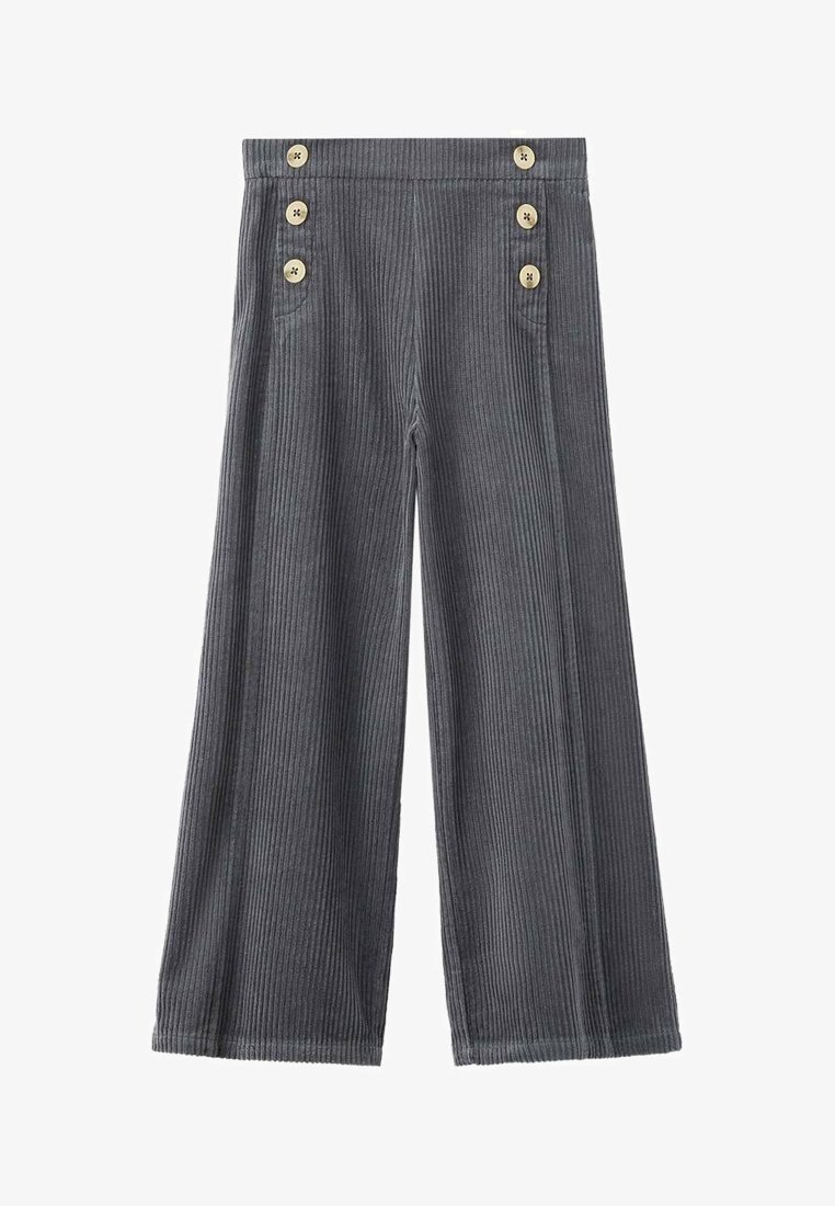 Sive široke hlače od čedra s rebrastom teksturom, s četiri dekorativna gumba sprijeda i opuštenim krojem.