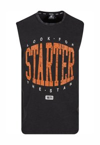 Black sleeveless T-shirt with a large orange graphic text "STARTER" and smaller text "LOOK FOR THE STAR" and "1971" at the bottom.