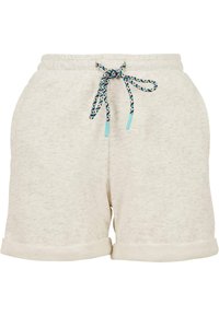Lys beige bomullsshorts med teksturert overflate, med en snor i livet som har en flerfarget flettet snor og oppbrettede kanter.