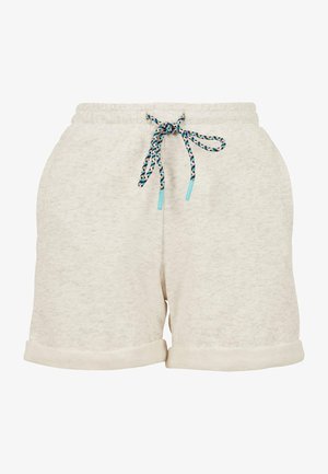 Shorts en coton beige clair avec une finition texturée, dotés d'une taille élastique avec un cordon tressé multicolore et des ourlets roulés.