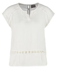 Top bianco a maniche corte con scollatura a V e spacco frontale. Tessuto testurizzato con motivo a ritaglio orizzontale in vita. Vestibilità casual e morbida.