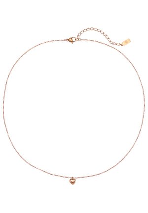 Delicado collar de cadena de oro rosa con un pequeño colgante en forma de corazón y cierre ajustable sobre un fondo blanco.