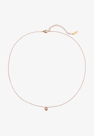 Delicado collar de cadena de oro rosa con un pequeño colgante en forma de corazón y cierre ajustable sobre un fondo blanco.