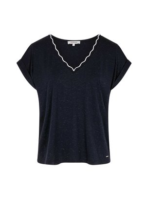 Blouse bleu marine à manches courtes avec revers retroussés et bordure blanche festonnée sur le col en V, coupe décontractée et ample.