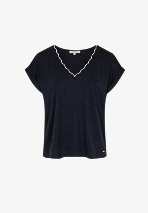 Blouse bleu marine à manches courtes avec revers retroussés et bordure blanche festonnée sur le col en V, coupe décontractée et ample.