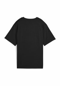 Sort bomulds T-shirt med korte ærmer, rund hals og løs pasform. Uden bemærkelsesværdige mønstre eller logoer på ryggen.