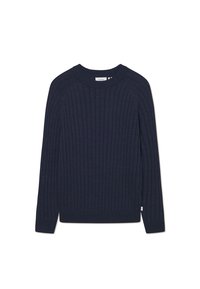 Granatowy sweter dziany z prążkowaną teksturą, okrągłym dekoltem i długimi rękawami. Posiada małą metkę na brzegach.