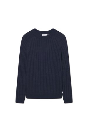 Navyblauer, gestrickter Pullover mit gerippter Textur, Rundhalsausschnitt und langen Ärmeln. Verfügt über ein kleines Etikett am Saum.