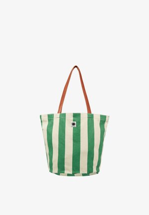 Tote tas met groene en witte verticale strepen, bruine leren handvatten en een klein zwart zonlogo op de voorkant.
