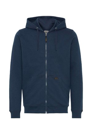 Mornarsko plava dukserica s patentnim zatvaračem, izrađena od mekane tkanine, s kapuljačom na špagice, prednjim džepovima i izvezenim logom na lijevom džepu.