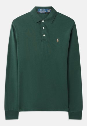 Polo majica z dolgimi rokavi temno zelene barve iz bombaža, s ovratnikom, tri gumbi na zapenjanju in majhnim vezenim logotipom na prsih.