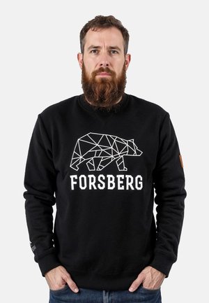 Czarny sweatshirt z geometrycznym wzorem misia i białym napisem "FORsBERG". Posiada ściągacze przy rękawach oraz skórzany akcent na rękawie.