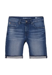 Pantalones cortos de mezclilla en azul oscuro con un acabado ligeramente desgastado, que presentan dobladillos enrollados, cinco bolsillos y un cierre de botón metálico.
