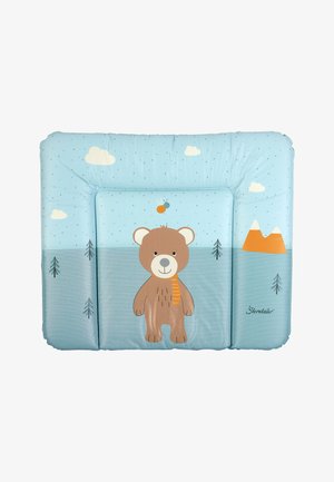 Blue padded play mat featuring a bear design, orange accents, and cloud patterns. Textured surface with trees and mountain graphics.