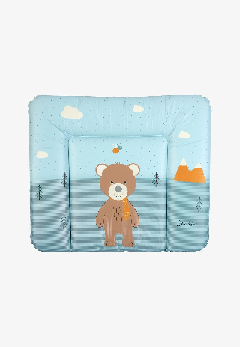 Blue padded play mat featuring a bear design, orange accents, and cloud patterns. Textured surface with trees and mountain graphics.
