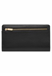 Portefeuille en cuir noir présentant une surface texturée, une fermeture éclair dorée, et un petit logo en métal doré. Forme rectangulaire avec des coins arrondis.