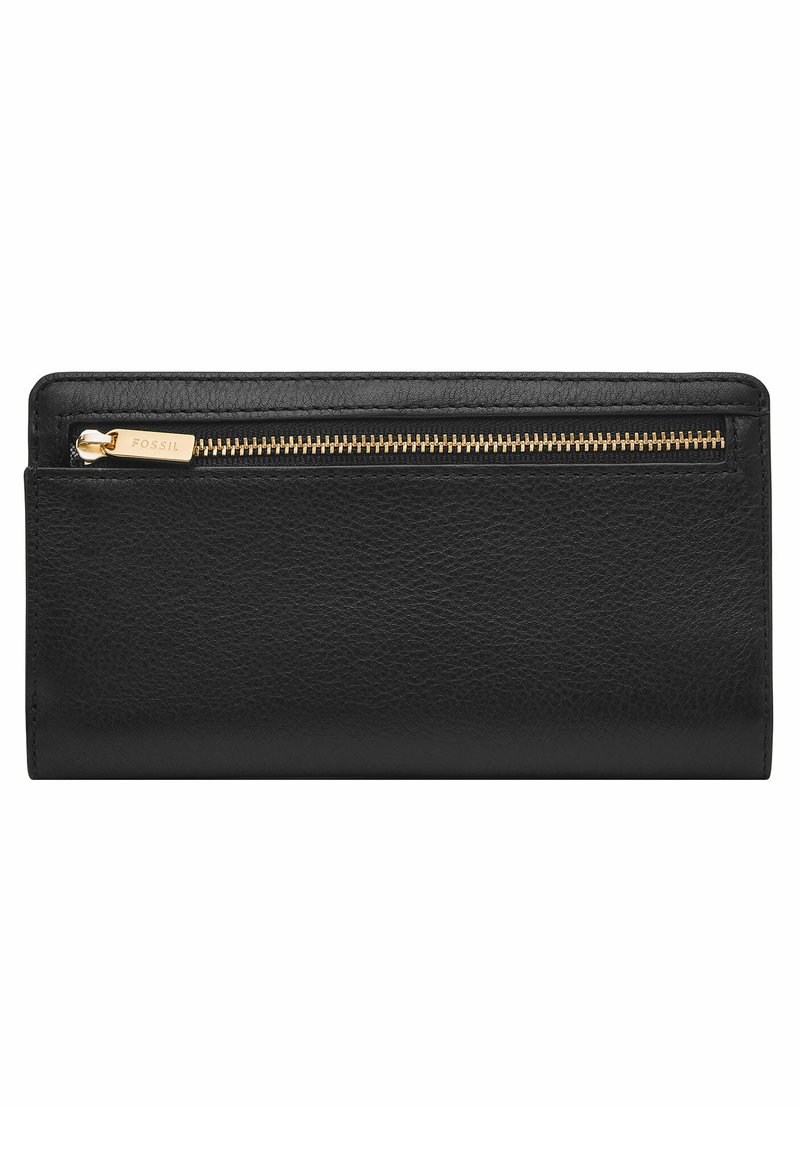 Portefeuille en cuir noir présentant une surface texturée, une fermeture éclair dorée, et un petit logo en métal doré. Forme rectangulaire avec des coins arrondis.