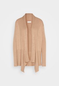 Cardigan beige ouvert sur le devant avec texture côtelée le long du col, des poignets et de l'ourlet, manches longues, et panneaux avant drapés.