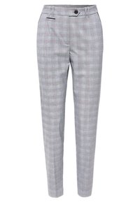 Pantalon slim gris clair avec un motif à carreaux subtil, bouton à l'avant, passants de ceinture et poches latérales.