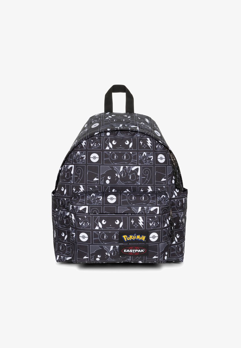 Černý batoh s motivem Pokémon s náčrty v bílé a šedé barvě. Obsahuje loga značky a přední kapsu na zip.
