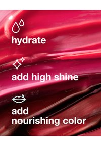 Texture rosa lucida e ricca con sovrapposizione di testo bianco che evidenzia i benefici: idratare, alta lucentezza, colore nutriente. Finish liscio, colore vibrante.